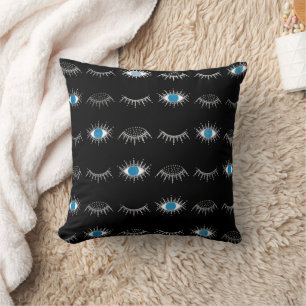 Black & Silver Blue Evil Eye Eyelashes Nazar Mati Throw Pillow