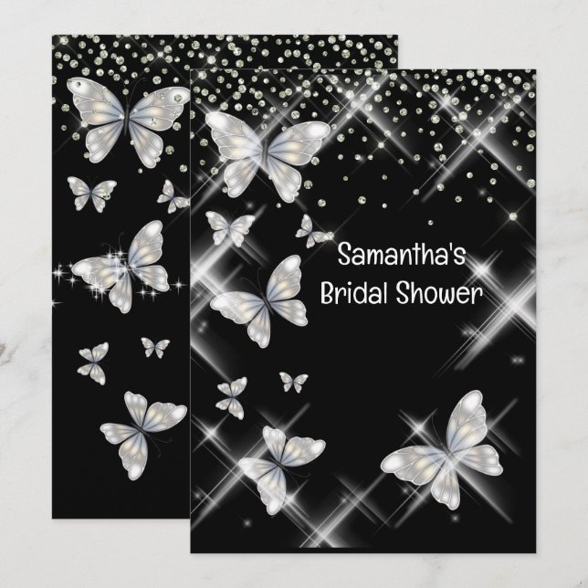 Black silver butterfly sparkle glitter bridal chic invitation (Front/Back)