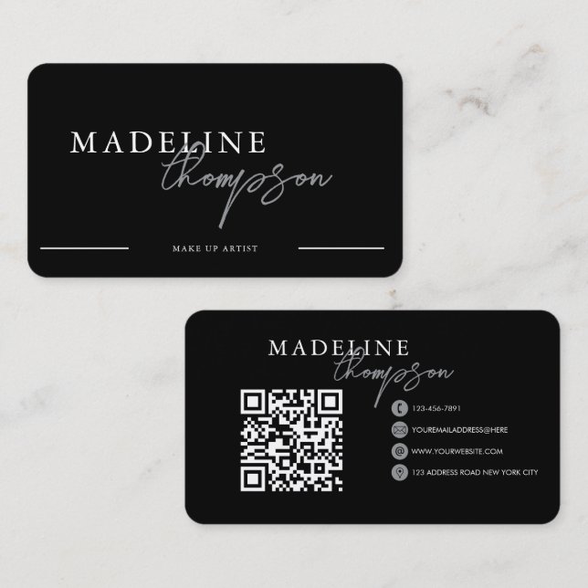 Black Silver Calligraphy Script QR code Business Card (Front/Back)