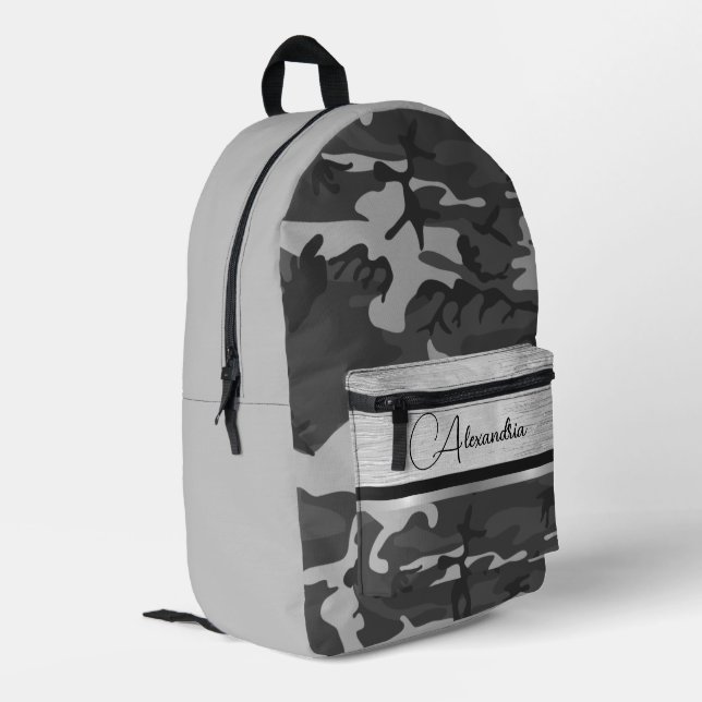 Black Silver Camo Shimmery Chic Personalized Printed Backpack (Back Corner Left)