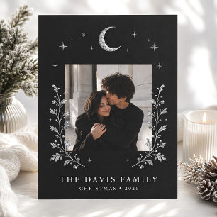 Black Silver Celestial Family Christmas Photo Holiday Card