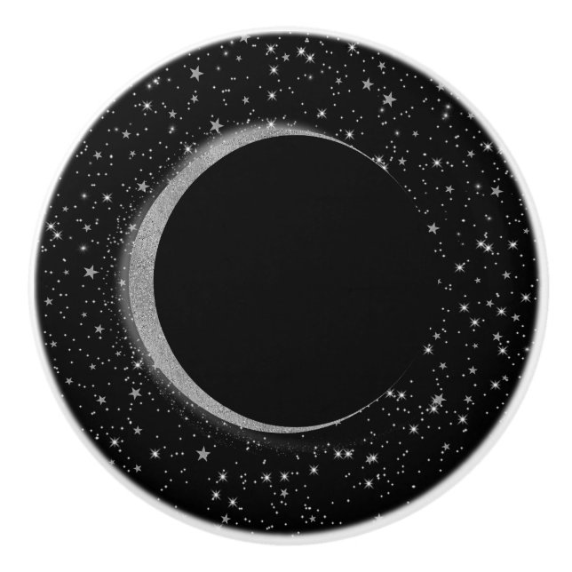 Black & Silver Celestial Moon Magic Lunar Stars Ceramic Knob (Front)