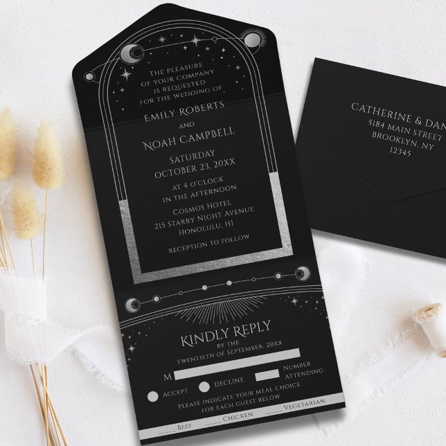 Black Silver Celestial Sun Moon Stars All In One Invitation (Creator Uploaded)