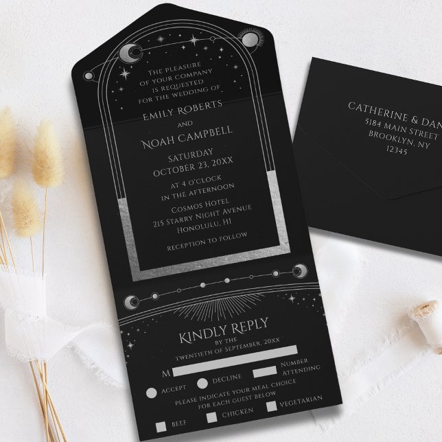 Black Silver Celestial Sun Moon Stars Wedding All In One Invitation (Creator Uploaded)