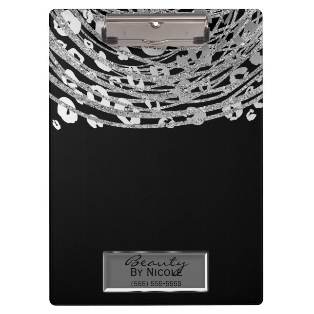 Black Silver Cheetah Leopard Glam Personalized Clipboard (Front)