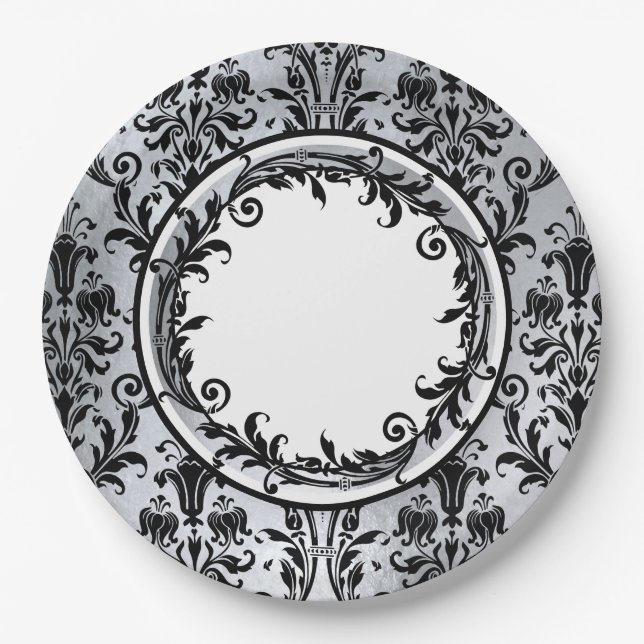 Black Silver Chic Damask Floral Swirls Personalize Paper Plate (Front)