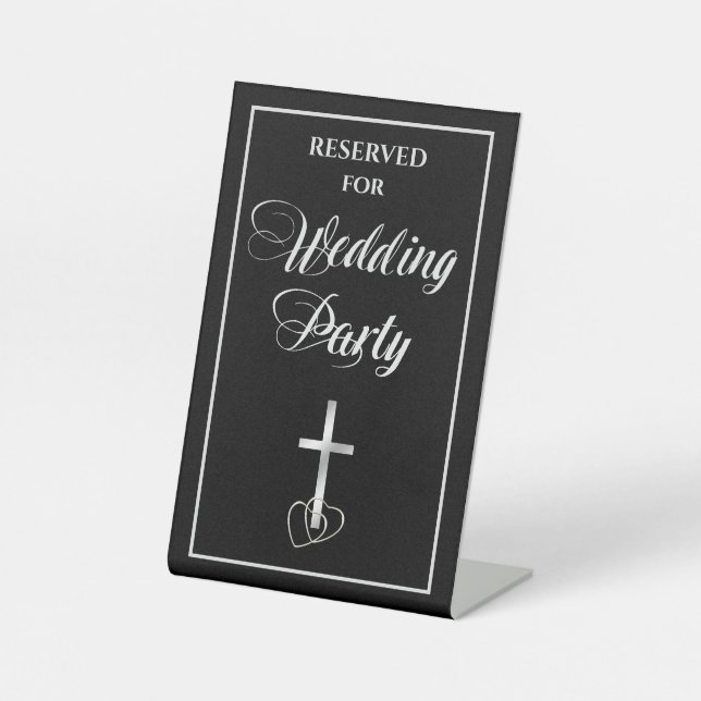 Black Silver Christian Cross Wedding Party Pedestal Sign (Front)