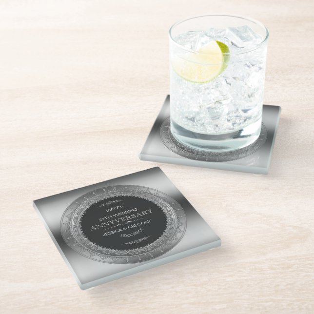 Black & Silver Circle Frame 25th Wedding Design Glass Coaster (Angled)