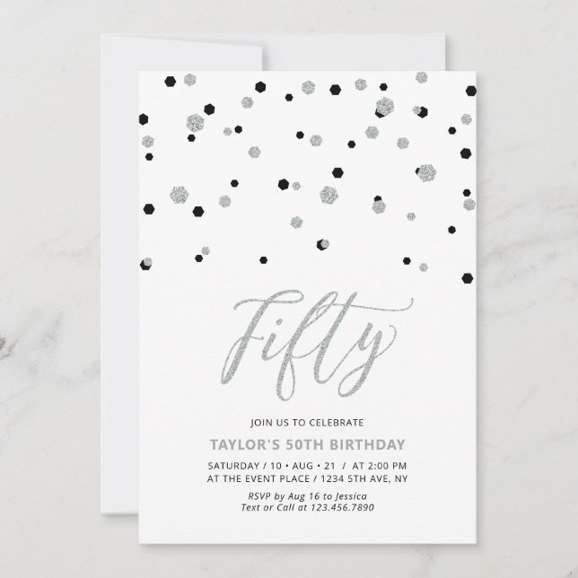 Black & Silver Confetti Fifty 50th Birthday Party Invitation (Front)