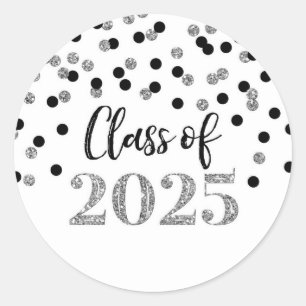 Black Silver Confetti Graduation 2025 Classic Round Sticker