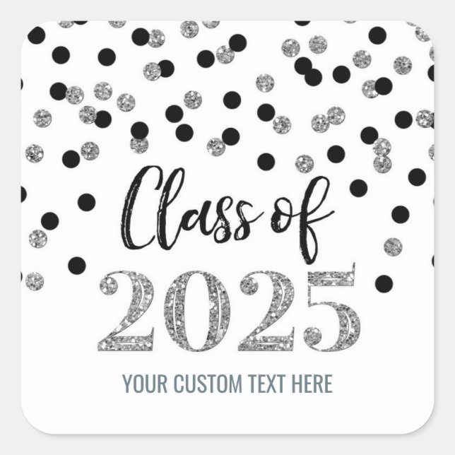 Black Silver Confetti Graduation 2025  Square Sticker (Front)