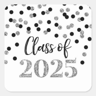 Black Silver Confetti Graduation 2025 Square Sticker