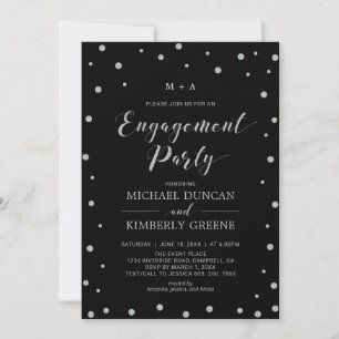 Black & Silver Confetti   Modern Engagement Party Invitation