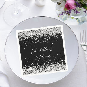 Black silver confetti script wedding napkin