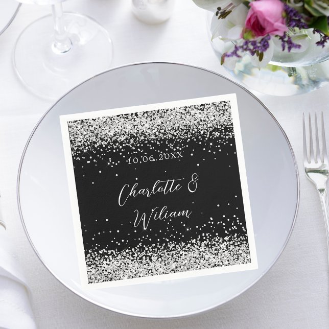 Black silver confetti script wedding napkin (Creator Uploaded)