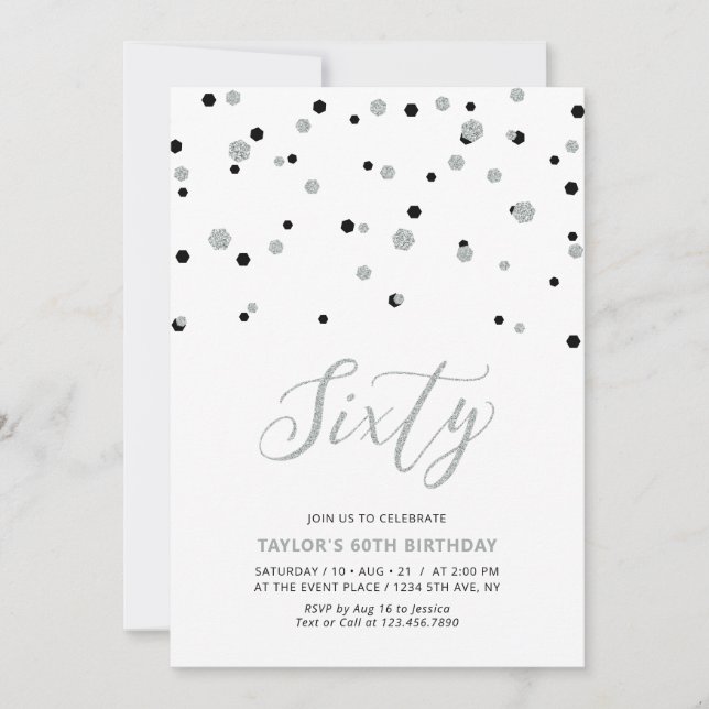 Black & Silver Confetti Sixty 60th Birthday Party Invitation (Front)