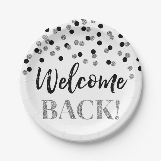 Black Silver Confetti Welcome Back Paper Plates (Front)