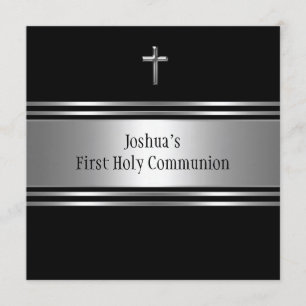 Black Silver Cross Boys First Communion Invitation