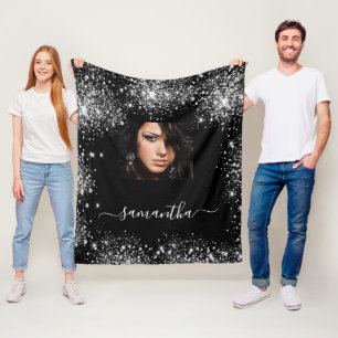 Black silver custom photo glitter monogram fleece blanket