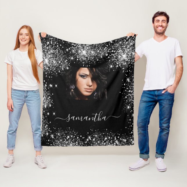 Black silver custom photo glitter monogram fleece blanket (In Situ)