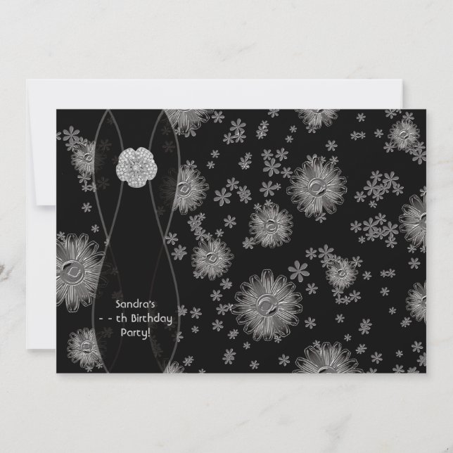 Black Silver Daisy Birthday Party Invitation (Front)