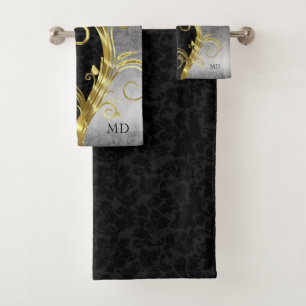 Black & Silver Damask Bath Towel Set