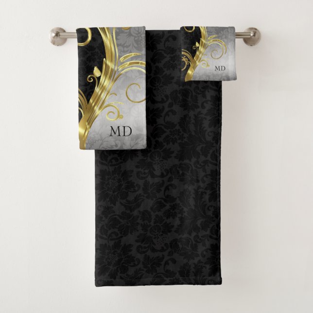 Black & Silver Damask Bath Towel Set (Insitu)
