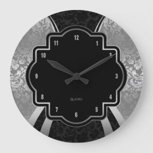 Black & Silver Damask Geometric Design Large Clock