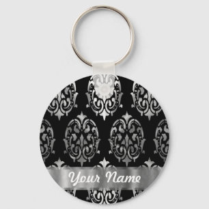 Black & silver damask keychain