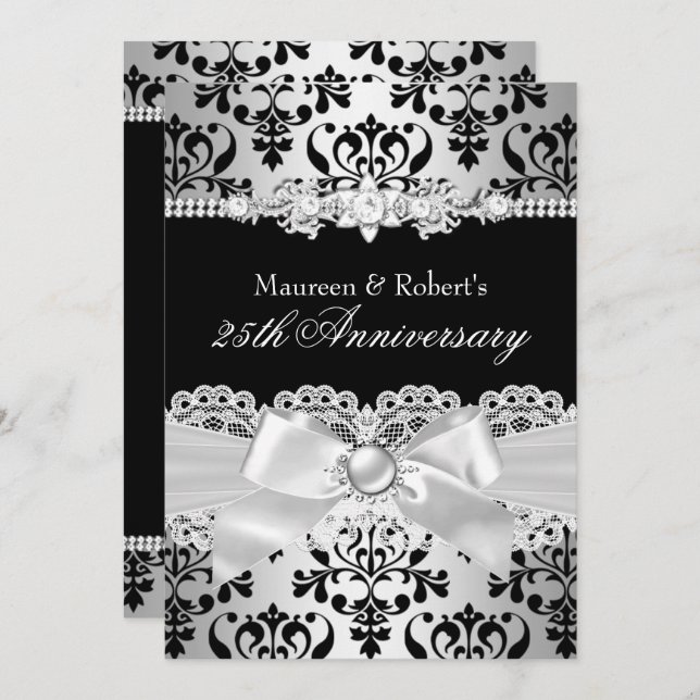 Black Silver Damask Pearl Bow 25th Anniversary Invitation (Front/Back)