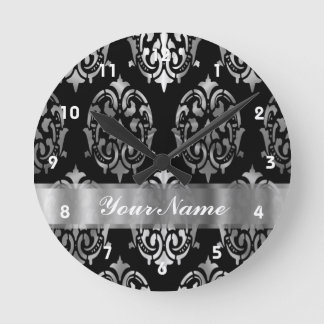 Black & silver damask round clock