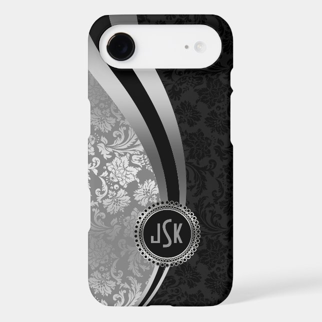 Black & Silver Damasks Dynamic Stripes Monogramed Case-Mate iPhone Case (Back)