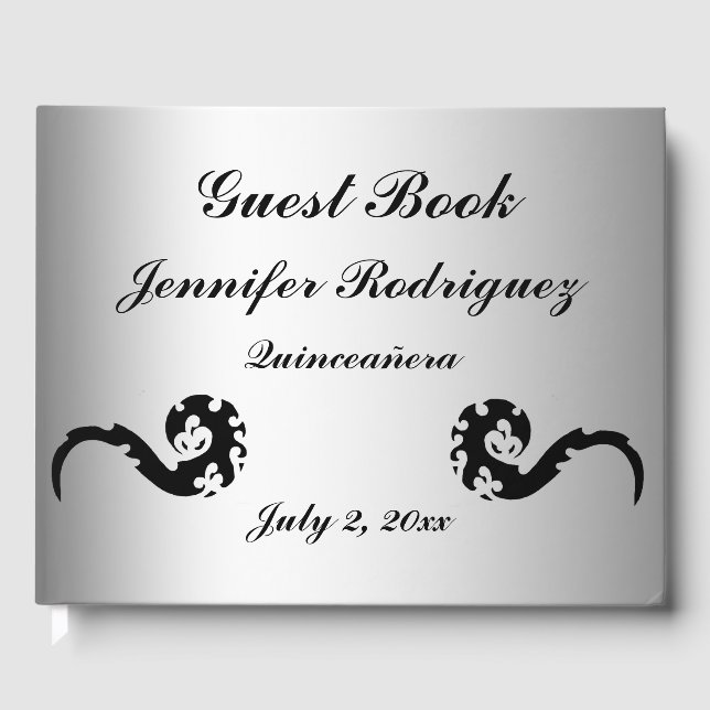 Black Silver Dancing Dragon Quinceañera Guest Book (Front)
