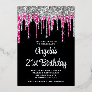 Black Silver Deep Pink Glitter Drips 21st Birthday