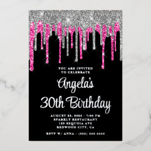 Black Silver Deep Pink Glitter Drips 30th Birthday