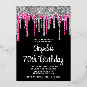 Black Silver Deep Pink Glitter Drips 70th Birthday