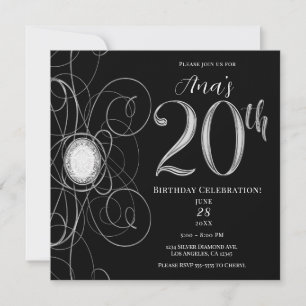 Black & Silver Diamond 20 20th Birthday Party Invitation