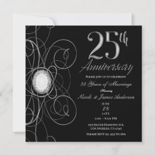 Black & Silver Diamond 25 25th Anniversary Party Invitation