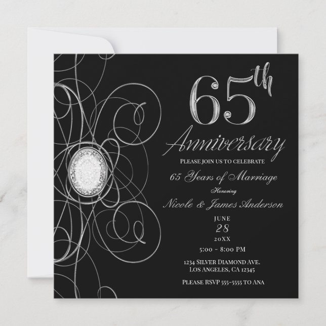 Black & Silver Diamond 65 65th Anniversary Party Invitation (Front)
