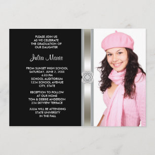 Black Silver Diamond Girl Photo Graduation Invitation