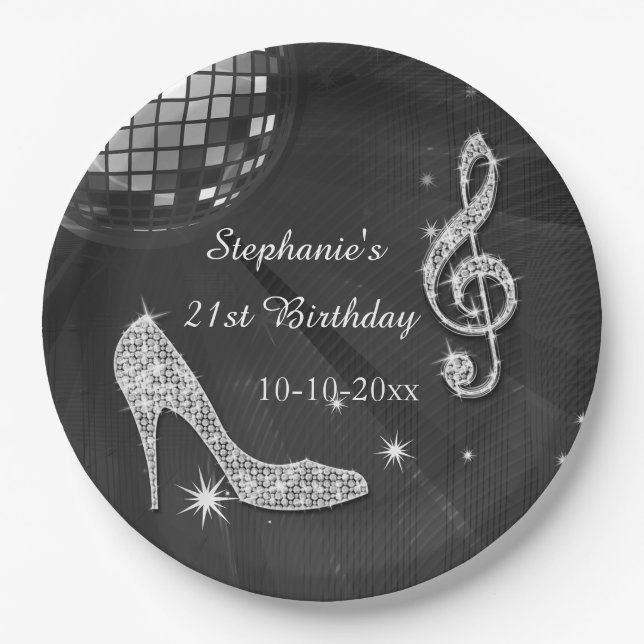 Black/Silver Disco Ball and Heels 21st Birthday Paper Plate (Front)