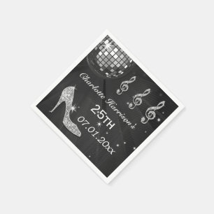 Black/Silver Disco Ball and Sparkle Heels 25th Napkin