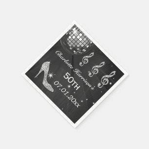 Black/Silver Disco Ball and Sparkle Heels 50th Napkin