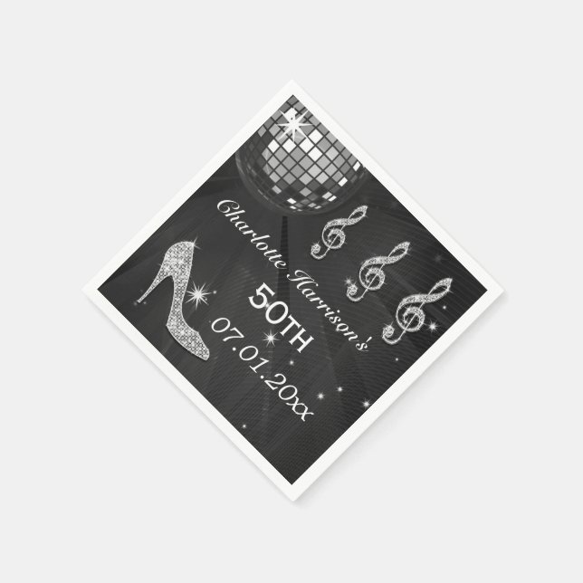 Black/Silver Disco Ball and Sparkle Heels 50th Napkin (Corner)