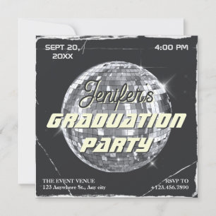 Black silver disco party ball grunge graduation invitation