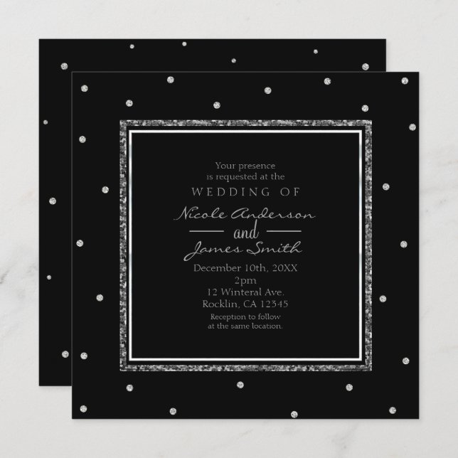 Black & Silver Dots Modern Glam Wedding Party Invitation (Front/Back)