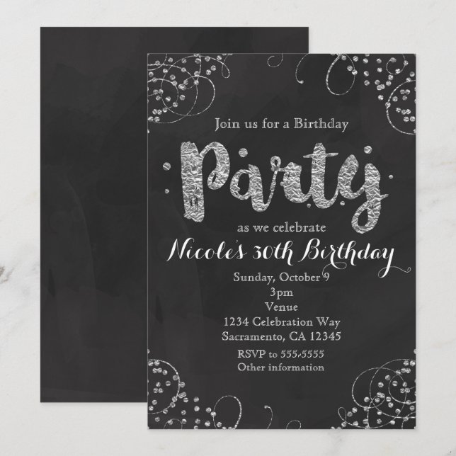 Black & Silver Elegant Birthday Party Invitations (Front/Back)