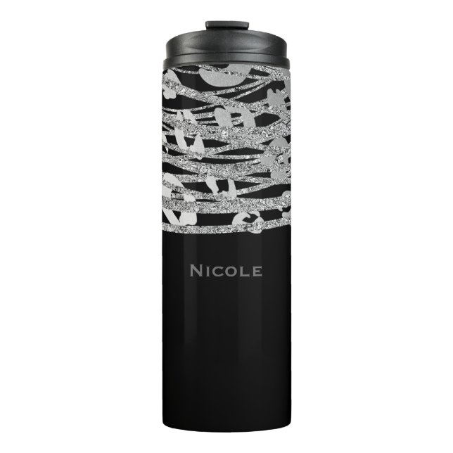 Black Silver Elegant Glitter Leopard Cheetah Print Thermal Tumbler (Front)