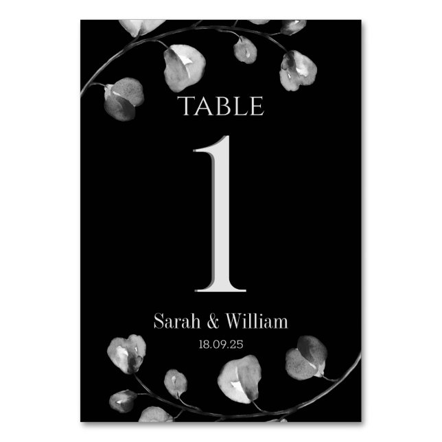 Black & Silver Eucalyptus Wedding Table Number (Front)