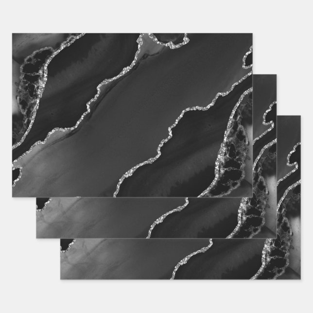 Black & Silver Faux Glitter Agate Wrapping Paper Sheet (Set)